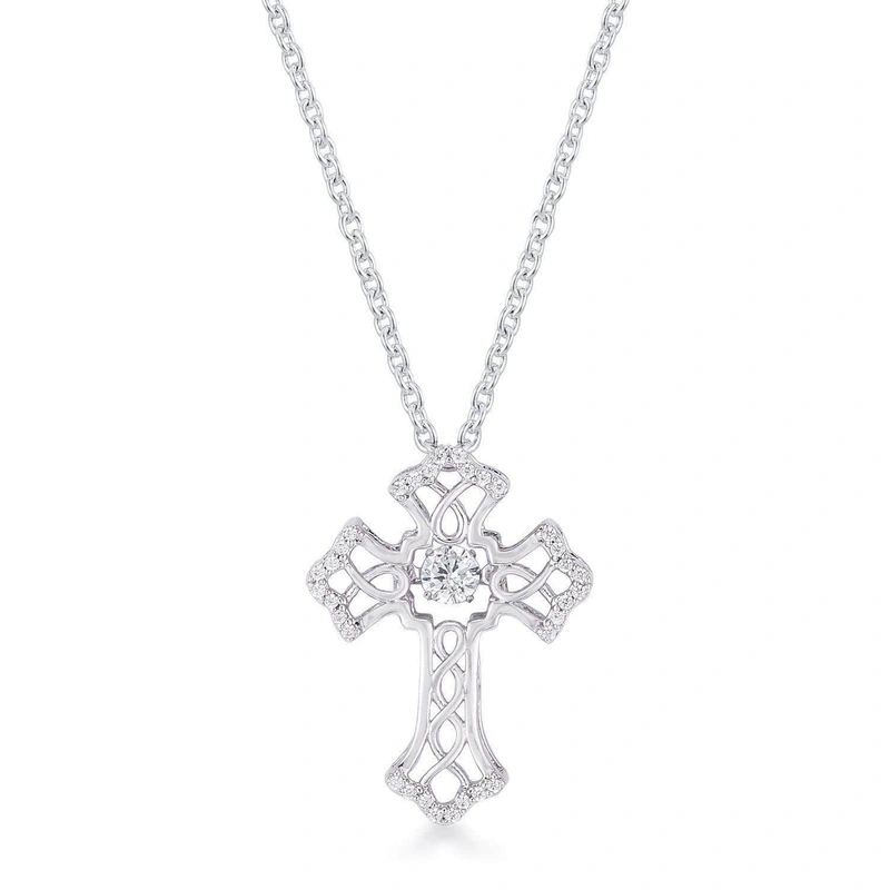 .33Ct Rhodium Plated Dancing CZ Vintage Cross Pendant