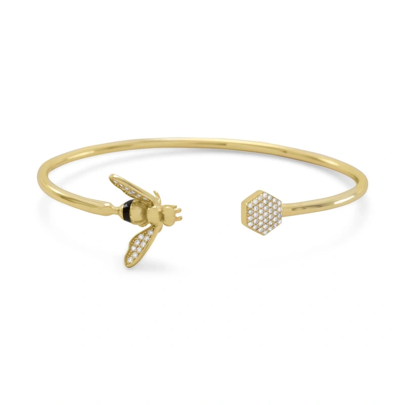 “BEE Mine!” 14 Karat Gold Plated and Signity CZ Bee Flex Cuff